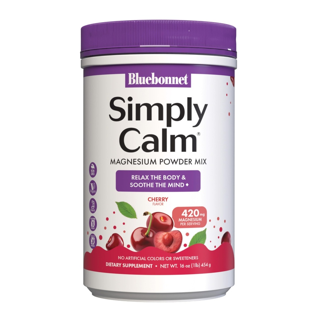 Bluebonnet Nutrition Poudre simplement calme, pour calme*, Crampes musculaires*, Soulagement du stress*, Non-OGM, Vegan, Certifié Casher, Sans gluten, Sans soja, Sans lait, 16 oz, 82 portions, Saveur de cerise