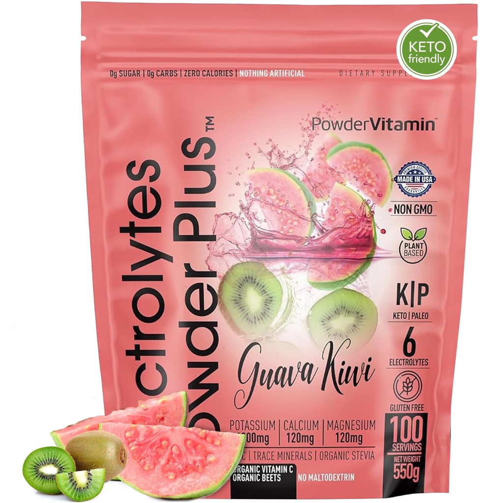 PoudreVitamine Electrolytes Poudre Plus (100 portions) Guava Kiwi Electrolyte Poudre, Zéro Calorie, Keto, 0 Sucre, Pas de Maltodextrine, 1000mg Potassium, 120mg Calcium, 120mg Magnésium, Poudre d'hydratation