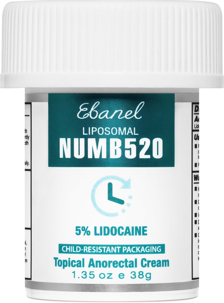 Ebanel 5% Lidocaïne Numbing Cream, pijnverlichting Burn Itch Numb Cream, maximale sterkte Topische verdoving met allantoïne, vitamine E voor lokaal en anorectal gebruik, aambei behandeling, 1,35 Oz