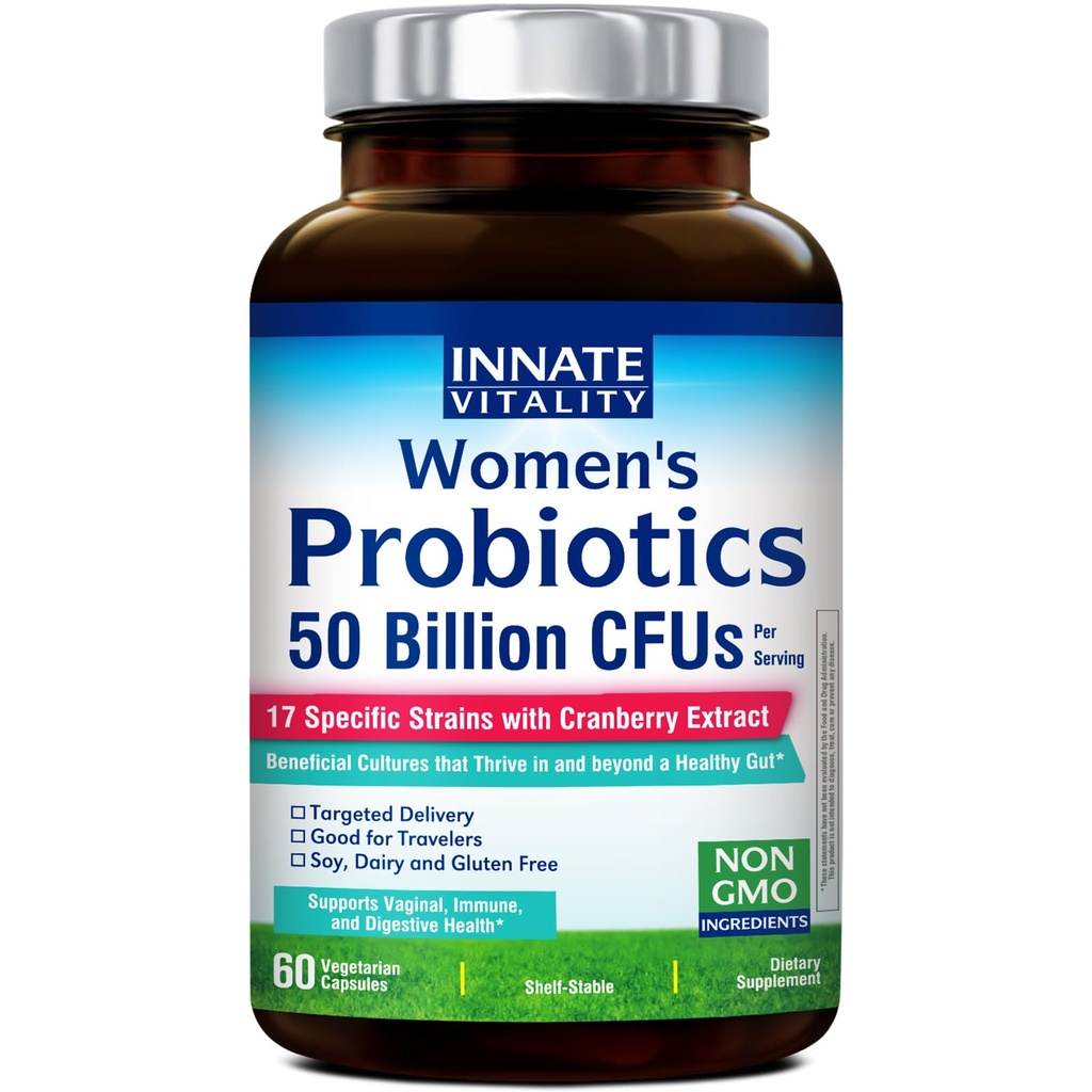 Probiotiques de vitalité innée pour les femmes, 50 milliards d'UFC, 17 souches prouvées, 60 capsules de légumes, formule avec prébiotiques et extrait de canneberge, non OGM, soutient la santé vaginale, digestive et immunitaire