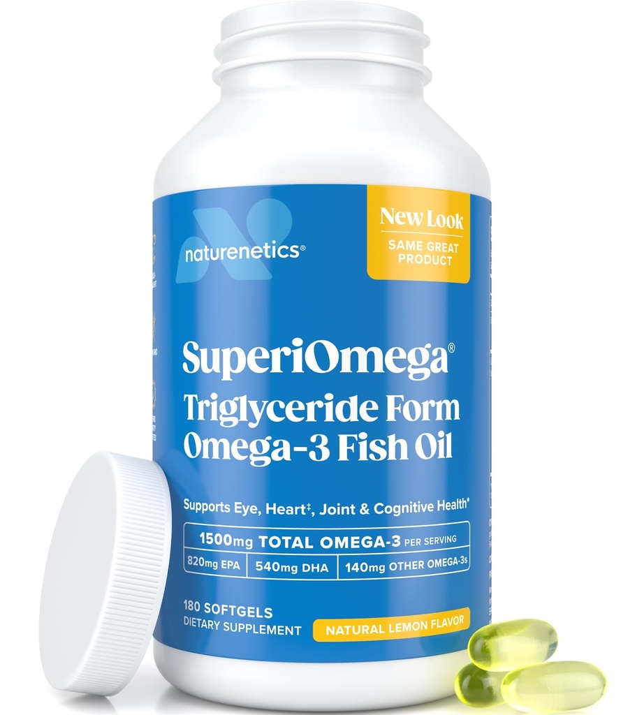 Triglycéride Omega 3 Huile de poisson – Haute EPA et DHA pour le soutien des yeux, des articulations, du coeur et du cerveau – Acides gras Omega-3 - Saveur de citron – 180 Softgels – 90 jours d'approvisionnement