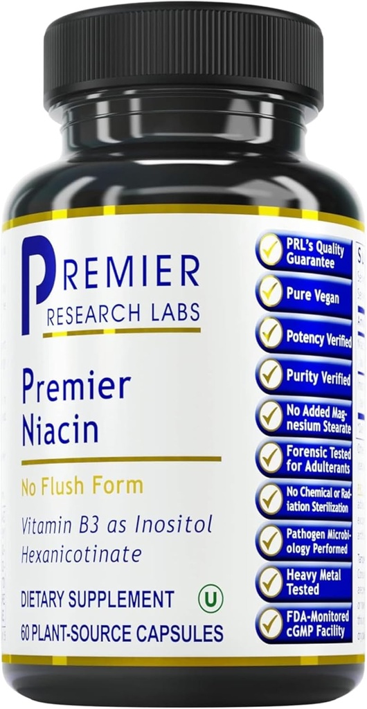 Premier Research Labs Niacin - Flush Free Niacin met Inositol Hexanicotinaat, Niacin No Flush, B3 Niacinamide Vitamine Supplement voor bloedcirculatie Ondersteuning - 60 Vegetarische Capsules