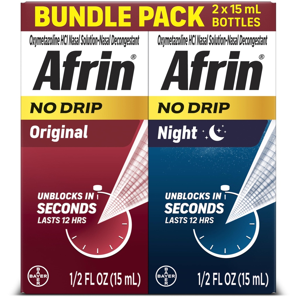Afrin No Drip Original + Night Nasal Mist Bundle Pack, Non-Drowsy, Fast-Acting Decongestant voor neuscongestie en Sinus druk relief, volwassenen en kinderen 6 en ouder, .5 fl oz (pakket van 2)