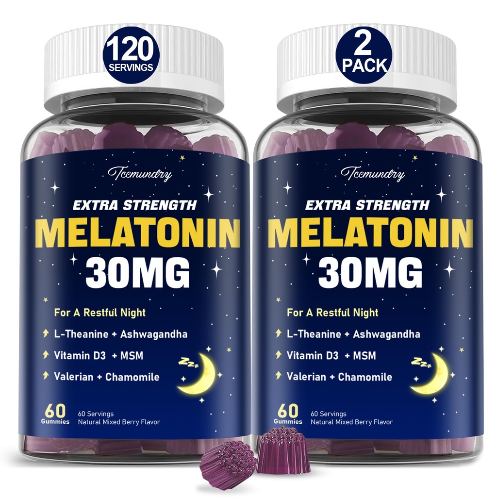 Melatonine Gummies 30mg voor volwassenen: Maximale sterkte Melatonine Supplement met L-Theanine, Ashwagandha, MSM, Vitamine D3 & Zink - Non-Habit vorming, Natural Mixed Berry Flavor 60 Tellen (pakket van 2)