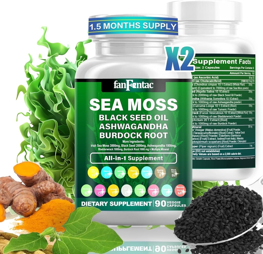 Mousse de mer 7000mg - Huile de graines noires 2000mg - Ashwagandha 1000mg - Bladderwrack 1000mg - Turmeric 1000mg - Burdock 1000mg - Vitamine C 90mg - Vitamine D3 1000IU - Minéraux multiples 350mg - 180 Capsules