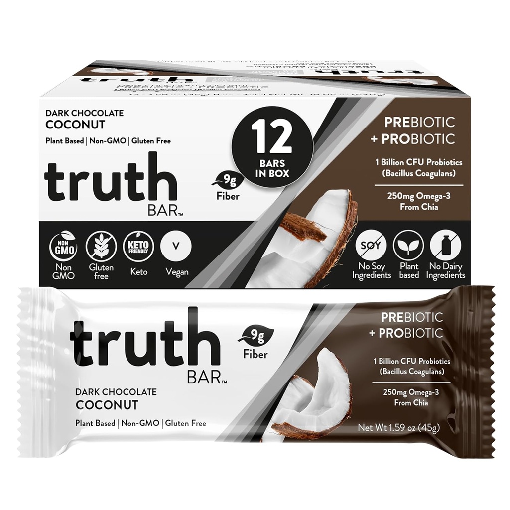 Truth Bar Healthy Snack, Omega 3 van Chia, Plant based, Prebiotics & Probiotics, High fiber, Low sugar, Keto, Kosher, Dark Chocolate, Vegan, Gluten Free, 12 Ct, 45g ea.