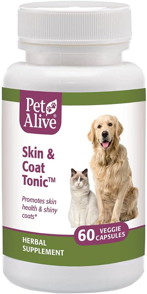PetAlive huid en jas tonic - Alle natuurlijke kruidensupplement voor katten- en hondenhuid gezondheid en glanzende, glanzende jasjes - 60 Veggie Caps