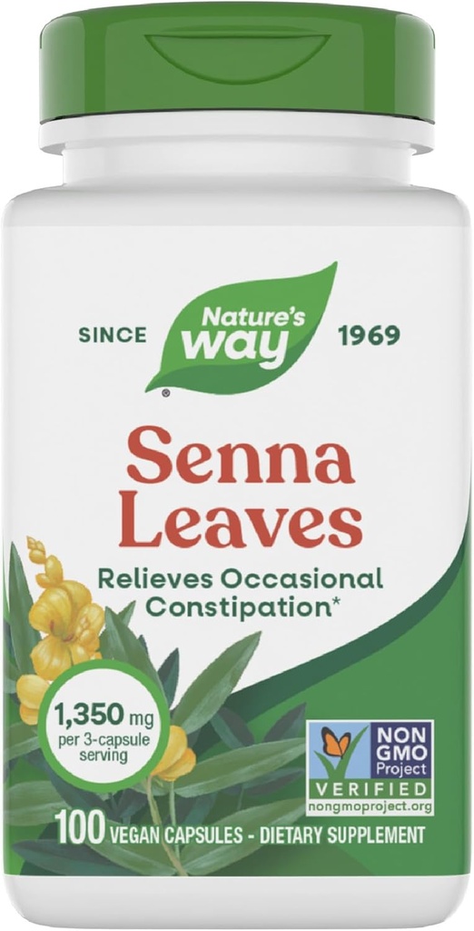 Nature's Way Senna Leaves, Relives Occasional Constipatie*, 1.350 mg per 3-Capsule Serving, Non-GMO Project Verified, 100 Capsules (Packaging May Vary)