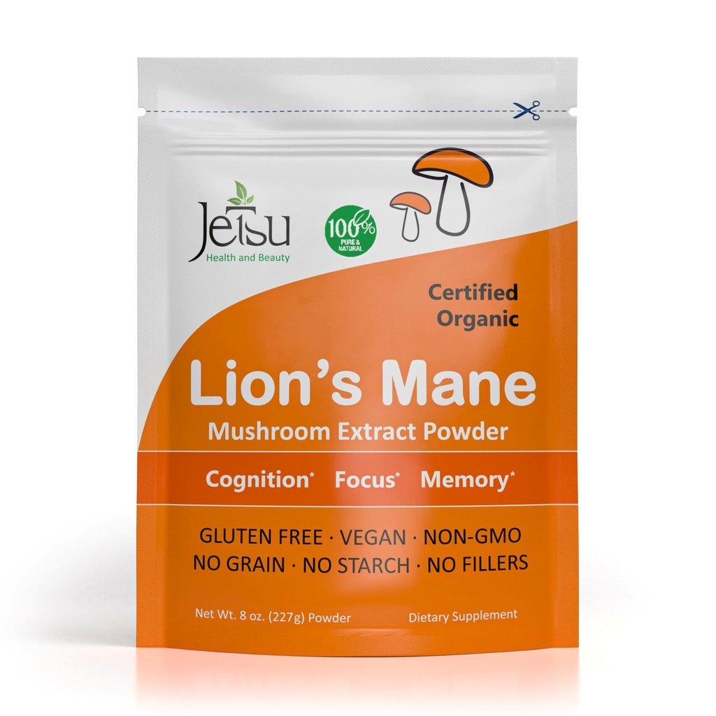 Jetsu Lions Mane Poudre de champignons, bio, végétalien, supplément d'extrait non-OGM. Nootropic pour soutenir la santé cérébrale, stimuler la croissance neuronale et votre système immunitaire pour la clarté et la focalisation. (227g)