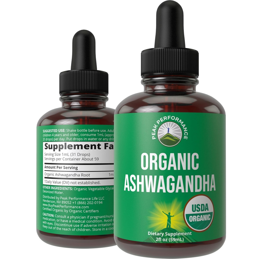 Ashwagandha Liquid Drops. USDA Biologische Vegan Supplement. Extra sterkte Ashwagandha Root Extract voor vrouwen, mannen, kinderen. met adaptogenen. Zero Sugar, Biologische, Glutenvrije Tinctuur Supplementen.