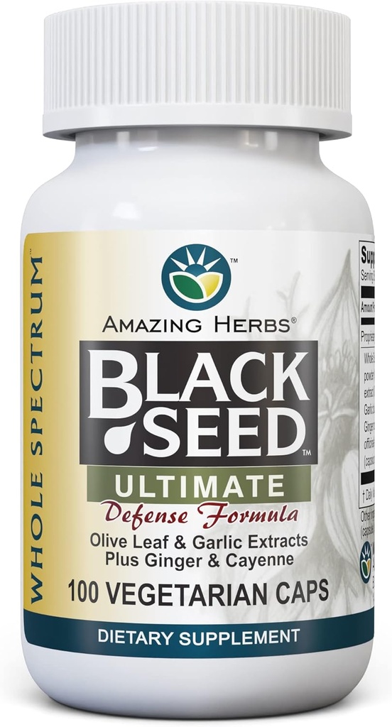 Geweldige kruiden Gehele Spectrum Zwarte Zaad Ultieme, Vegetarische Capsules - Olive Leaf & Knoflook Extracts Plus Gember & Cayenne, Glutenvrij, Niet GGO, Veganistisch - 100 Tel.