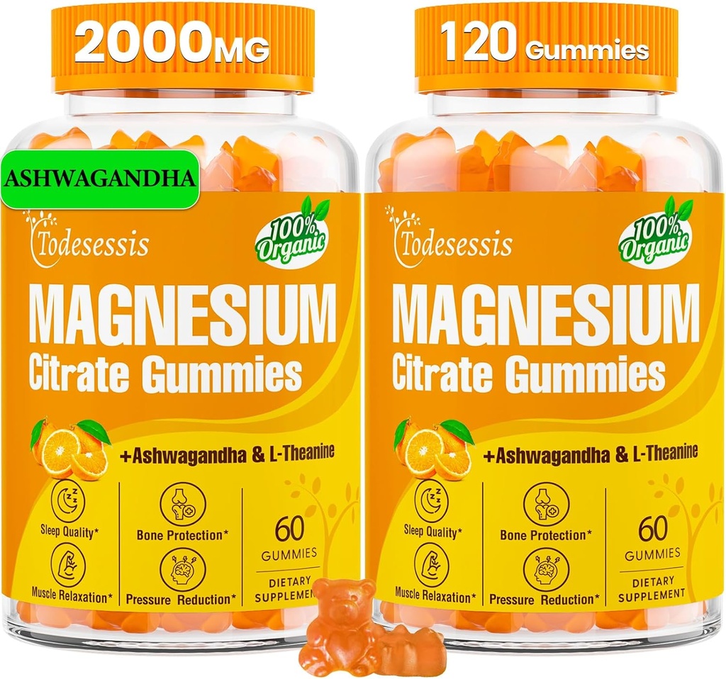 2 Packs - Gommies de Citrate de Magnésium pour les femmes et les hommes, Gommies de Magnésium à haute absorption avec Ashwagandha & L-Theanine, pour l'immunité, la santé musculaire et osseuse - Vegan, faible sucre, 120 comtes