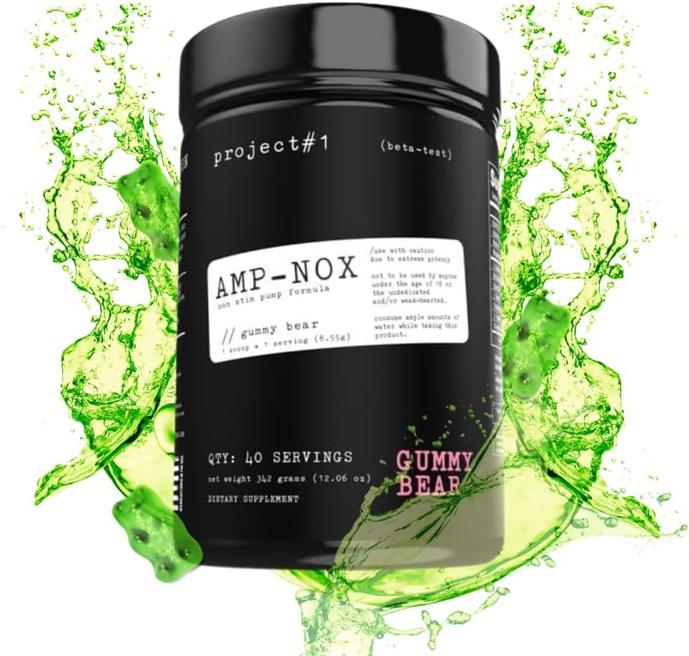 Project #1 AMP-NOX: Non-Stim Pre Workout Powder - Boost Focus, Pump, & Energy - Cafeïnevrije eiwitdrank met Aminozuren voor mannen en vrouwen - Gummy Bear Flavor - 40 porties