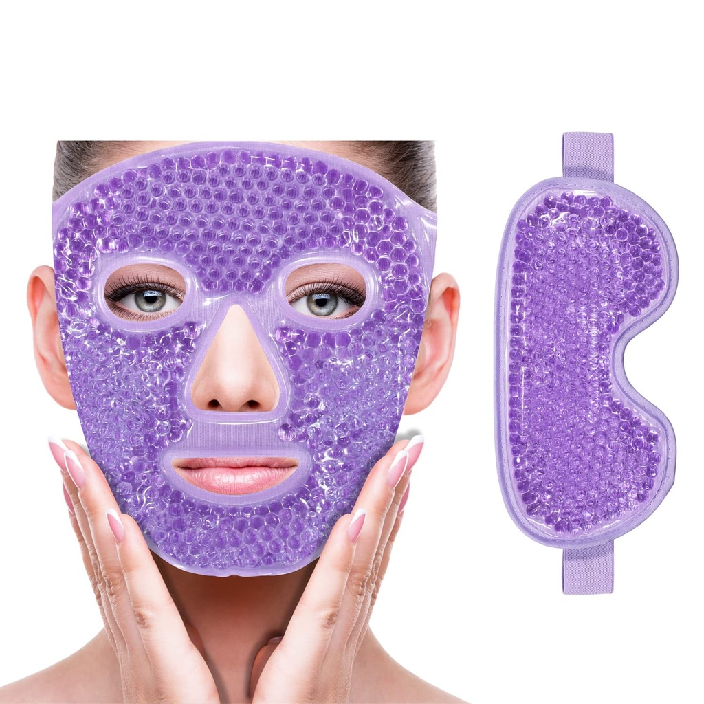 ZNÖCUETÖD Cooling Ice Face Eye Mask for Reducing Puffiness, Bags Under Eyes,Sinus,Redness,Pain Relief, Dark Circles, Migraine,Hot/Cold Pack with Soft Plush Backing (Purple(1* Eye Mask+1*Face Mask))