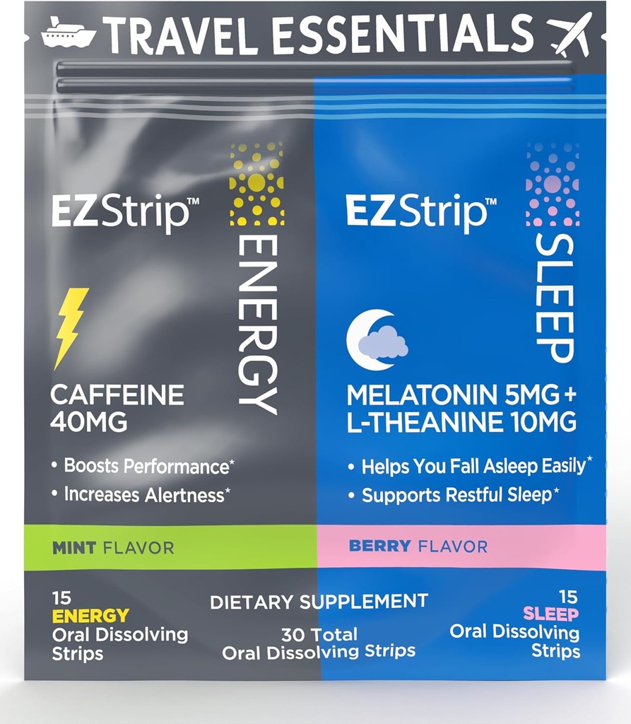 Reispakket met energie-en slaapsupplementen - 30 Tel - Portable Pack met Cafeïne Strips voor energie en Melatonine Strips voor slaapondersteuning tijdens het reizen - Made in USA, Sugar & Gluten Free
