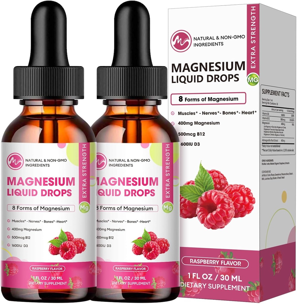(2 Pack) Magnesium Complex Supplement met Magnesium Glycinate, Citrate, Malate,Taurate, 8-in-1 Magnesium Complex Liquid Drops for Brain,Sleep,Nerve, Muscle,Bone,Cramps,Hart, Non-GMO No Gluten