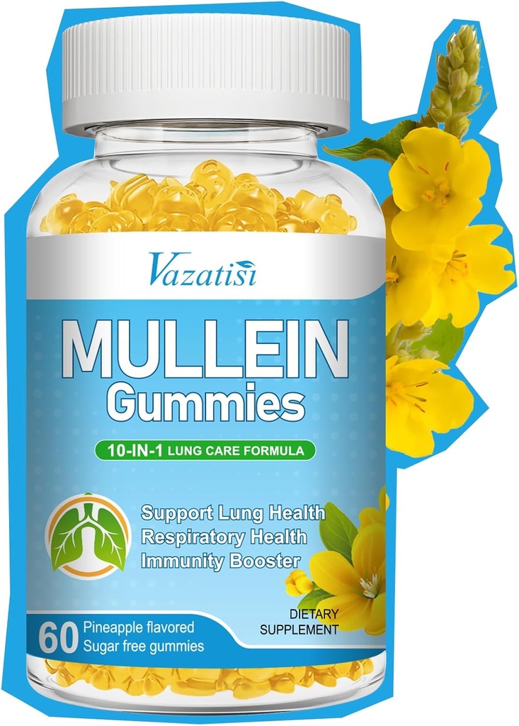 10 in 1 Mullein Gummies for Longs, Mullein Leaf Extract with Bromelain, Quercetin, Magnesium - Support Lung Cleanse for Healthy Breathing, 60ct