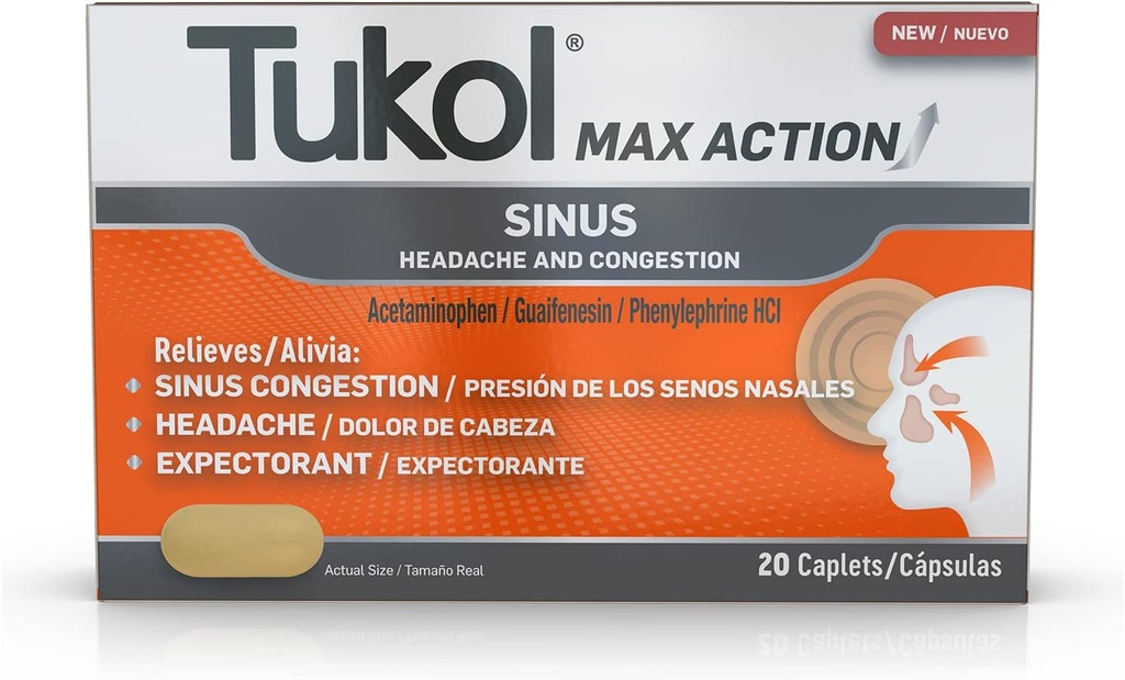 TUKOL Max Action Sinus, Congestie & Pressure Caplets for Pain, Heather Relief, Expectorant, Non-Drowsy, 20 Tellen
