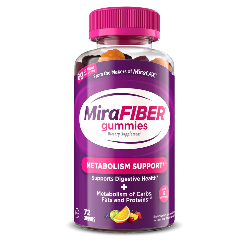 MiraFIBER Gummies van de Makers van MiraLAX, 8g van Daily Fiber Per Serving, Metabolisme Ondersteuning met B Vitaminen, Gut Health voor mannen en vrouwen, Prebiotic Fiber Gummies voor volwassenen, Gemengde Fruit smaak 72Ct