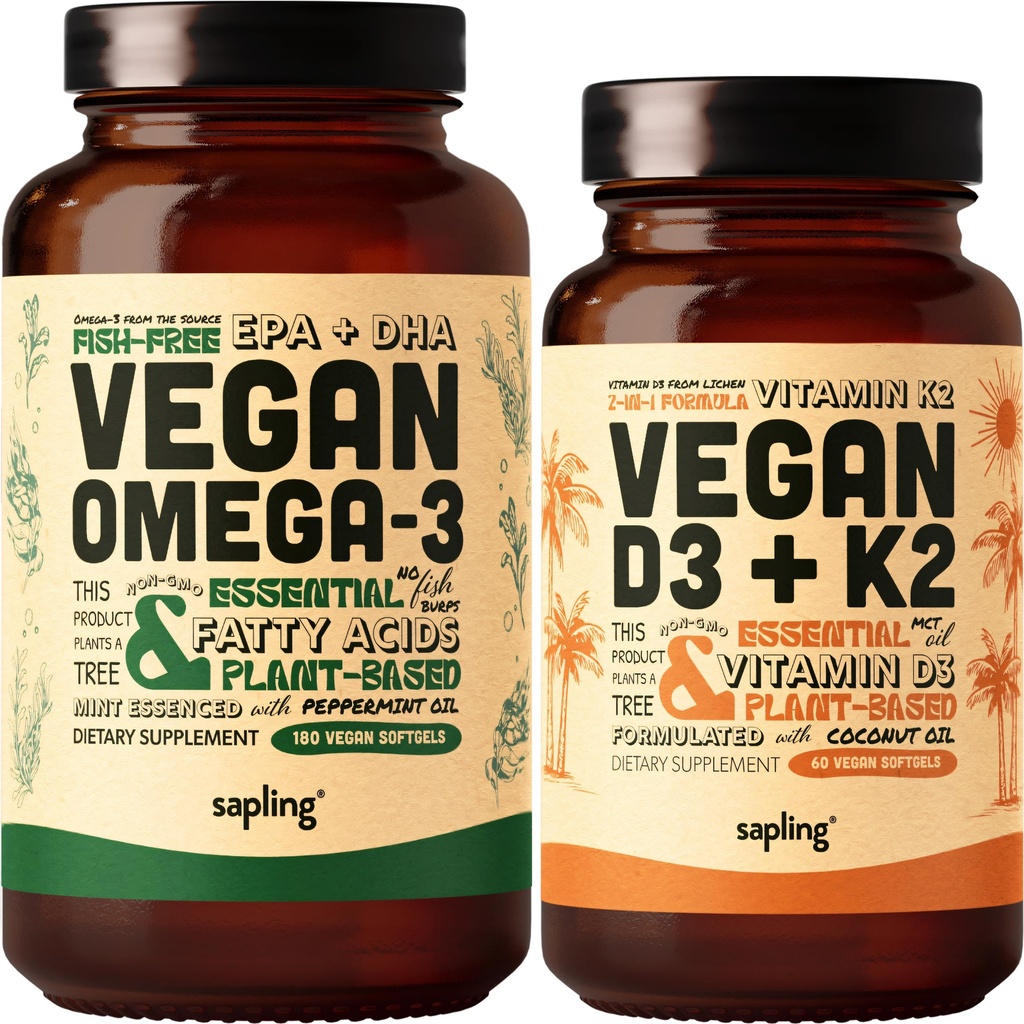 Vegan Omega 3 180 Softgels & Vegan Vitamine D3 + K2 Supplement Bundle - Plant-based DHA & EPA vetzuren, 4000 IE vitamine D3 en 100 mcg vitamine K2 als Mk7 - Tapioca Softgels