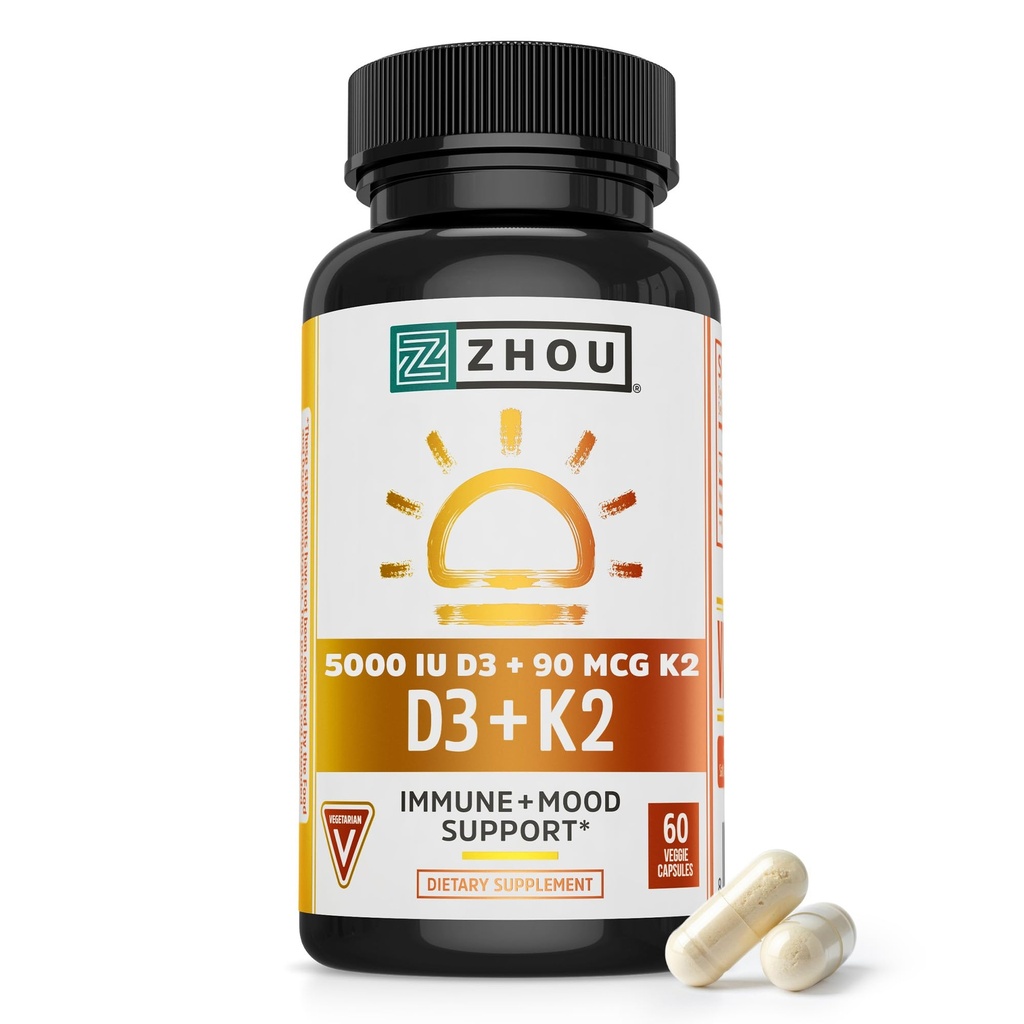 Zhou D3+K2 - Supplément Vitamine D3 K2 pour les femmes et les hommes, Suppléments Vit D3 et K2 de soutien immunitaire, formule végétarienne pure avec 5000 UI de D3 et MK-7 - 60 Capsules de légumes (paquet de 1)