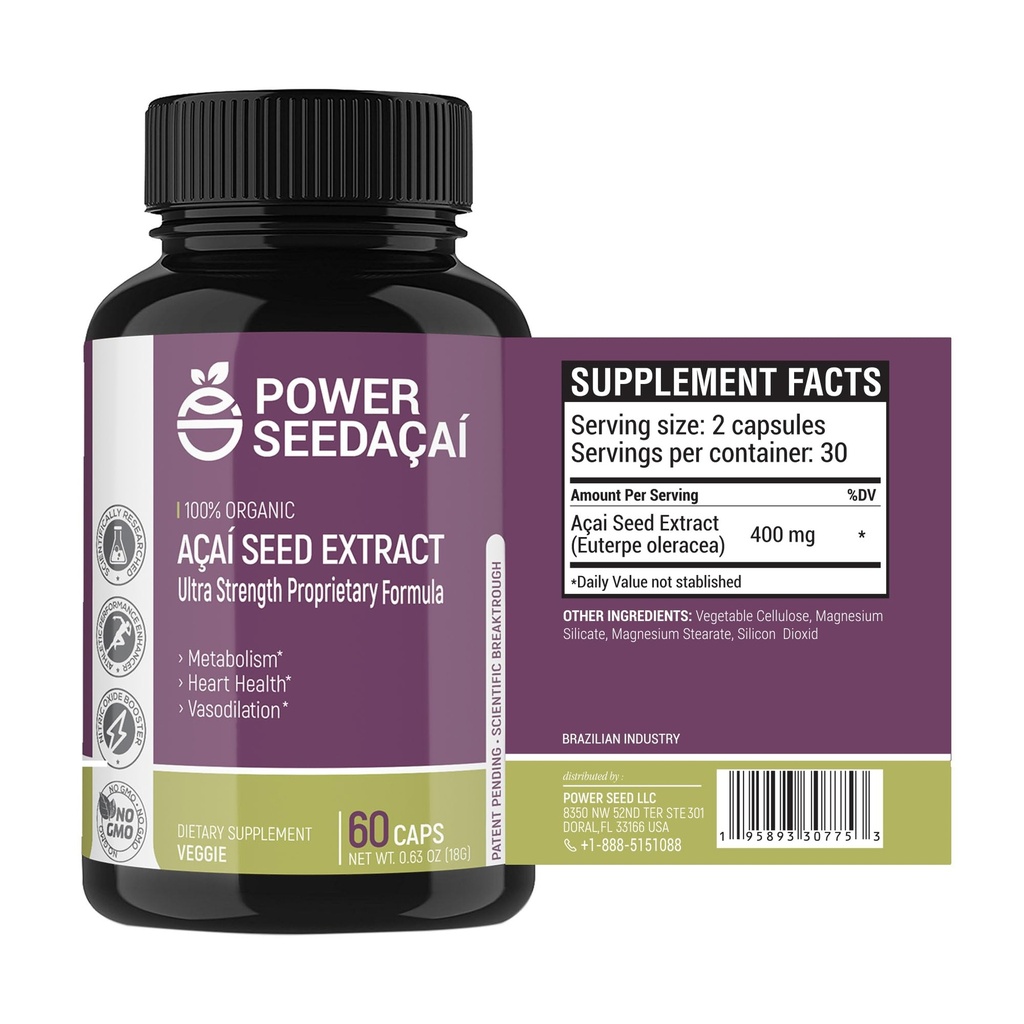 Power Seed Acai - Nitric oxide Booster. Ondersteunt de bloedstroom, bloedsuiker niveaus, metabolische functie en energie. Super Sterke Antioxidant. Cafeïnevrij. Gepatenteerde formule 60 capsules