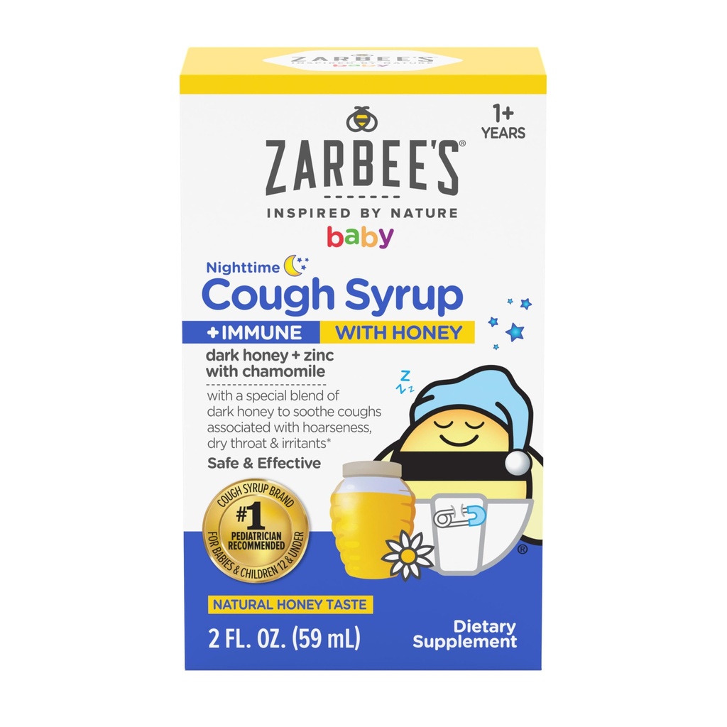 Zarbee's Baby Nighttime Cough Syrup + Immune, Baby Cough Syrup met donkere honing + zink en kamille, voor peuters, Geen drugs of kunstmatige smaken, natuurlijke honing smaak, 2 fl. oz