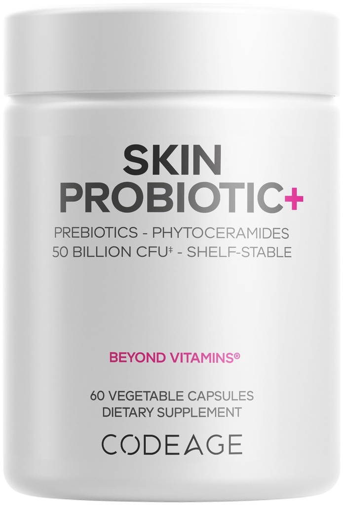 Codeage Probiotiques de la peau + Prébiotiques - Supplément de routine de soins de la peau - 50 milliards CFU - Herbes botaniques ayurvédiques - Probiotiques du visage - Nettoyant stable de la plate-forme, non OGM, végétalien - 60 capsules