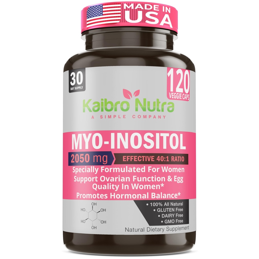 Kaibro Nutra Myo-Inositol Supplement, Myo-Inositol & D-Chiro Inositol 40:1 Ratio, Hormone Balance & Ovarian Support for Women with Vitamin B8, 2050mg, Vegan, Non-GMO Capsules 120 Tel.