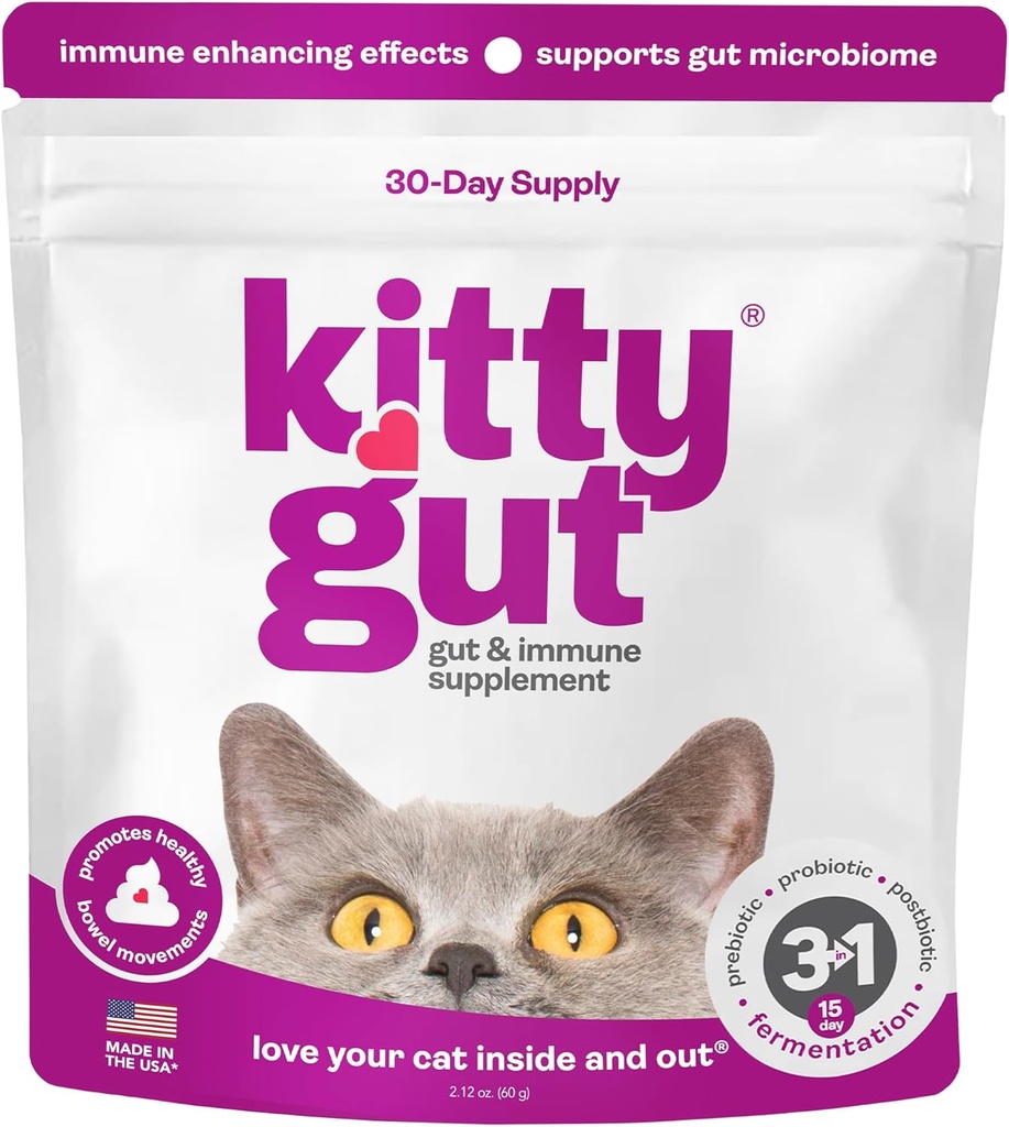KittyGut 3-in-1 Biologische Kat Probiotica & Postbiotische Supplement Powder- Made in USA-Probiotica voor Katten Promote Gut Health and Cat Digestief Ondersteuning, diarree en braken (60g)
