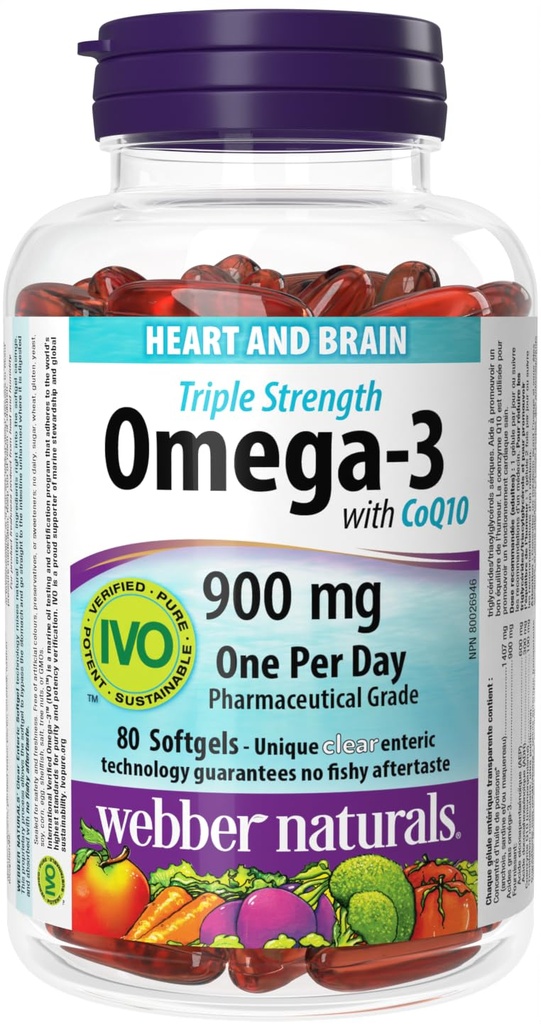 Webber Naturals Triple Strength Omega-3 met CoQ10 enteric gecoat 900 mg Omega-3 (EPA • DHA)/100 mg CoQ10, 80caps