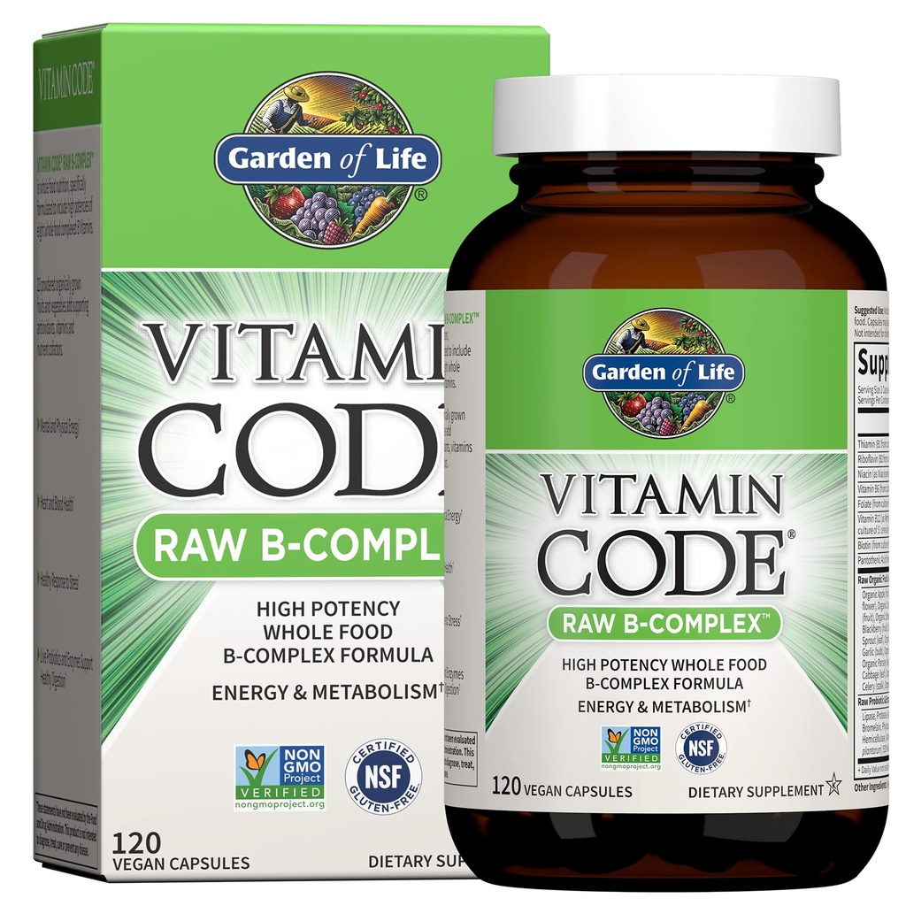 Garden of Life Vitamine B Complex, 120 Vegan Capsules, High Potency Vitamines for Energy & Metabolisme met B6, Folaat & B12 als Methylcobalamine Plus Probiotica