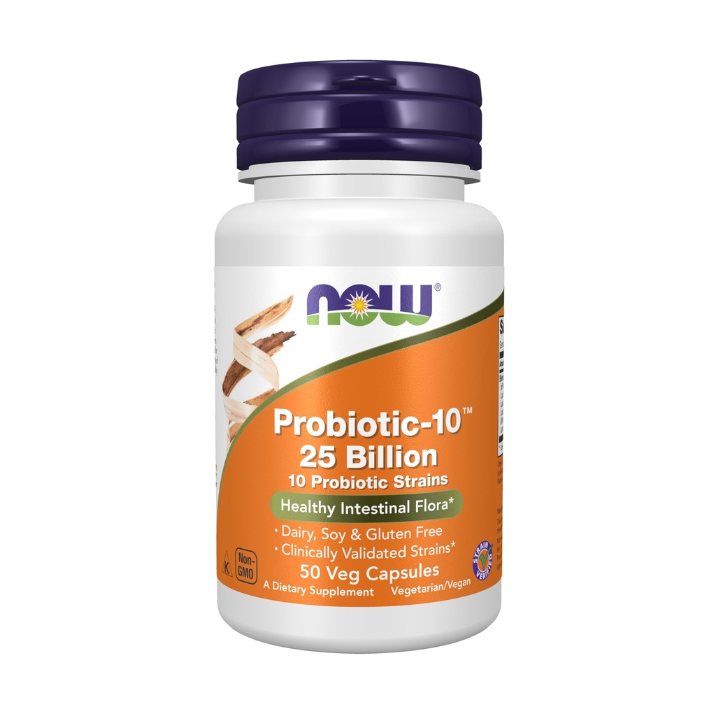 NOW Foods Supplementen, Probiotic-10TM, 25 miljard, met 10 Probiotische Strains, Zuivel, Soja en Glutenvrij, Gecontroleerde stam, 50 Veg Capsules