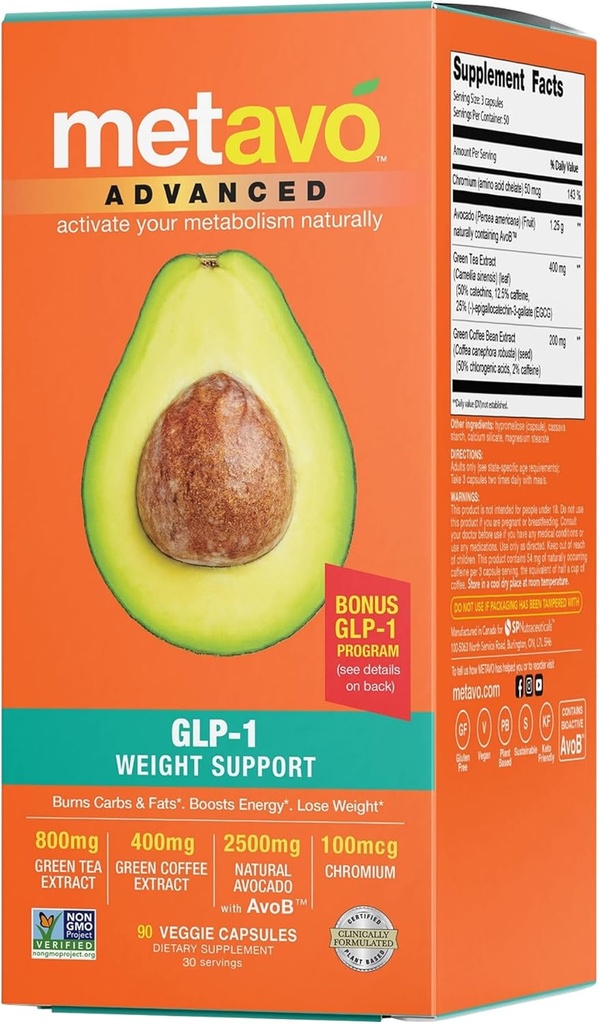 Metavo Advanced Weight Support, natuurlijke voedingssupplementen met essentiële voedingsstoffen voor het bevorderen van wellness, verrijkt met kousen, groene thee, chroom en groene koffie, 90 gemakkelijk doorslikken dieetpillen