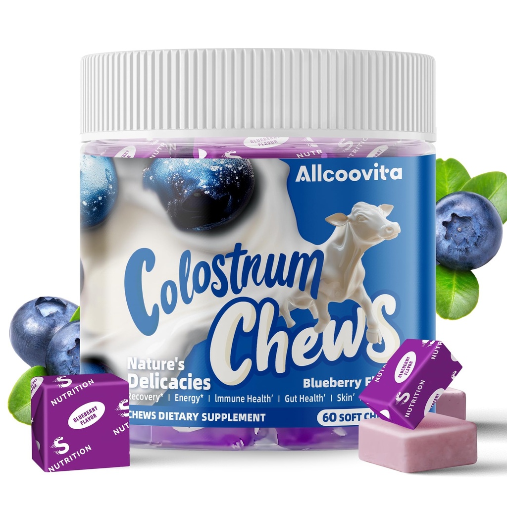 Bovine Colostrum Supplément à croustilles avec probiotiques pour la santé des Guts, Bloating, Immune Support, la peau, la croissance des cheveux et la beauté - Blueberry Flavor (60 portions)