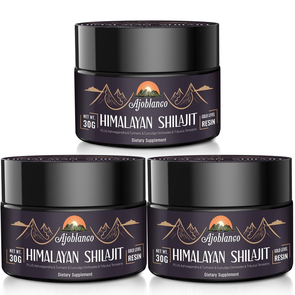 Ajoblanco 600mg Natural Himalaya Organic Shilajit Resin - Himalaya Gold Shilajit Resin met Organic Ayurvedic Blend in High Potency for Energy, Strength & Immunity, Pack of 3