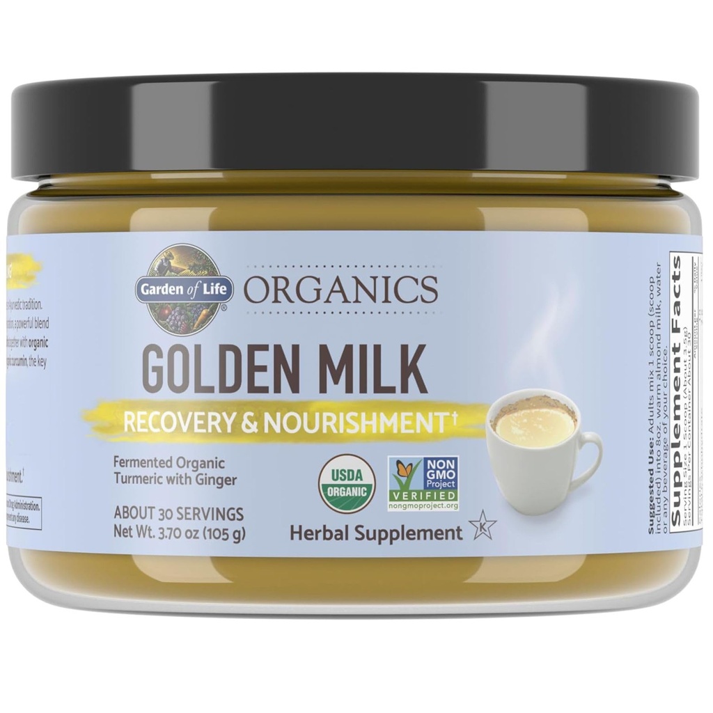 Garden of Life Organics Golden Milk Recovery & Nourishment Poudre - 44mg Curcumine curcuma (95 % Curcuminoides), Ashwagandha - Organic Non-OGM Vegan & sans gluten suppléments à base de plantes, 30 portions
