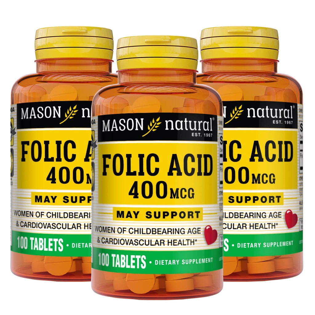 Mason Natural Folic Acid 400 mcg, Daily Supplement for Health, Mood and Prenatal Care, for Women of Preboring Age, 100 Tablets (pack of 3)