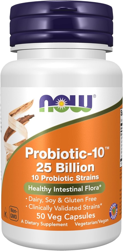 NOW Foods Supplementen, Probiotic-10TM, 25 miljard, met 10 Probiotische Strains, Zuivel, Soja en Glutenvrij, Gecontroleerde stam, 50 Veg Capsules