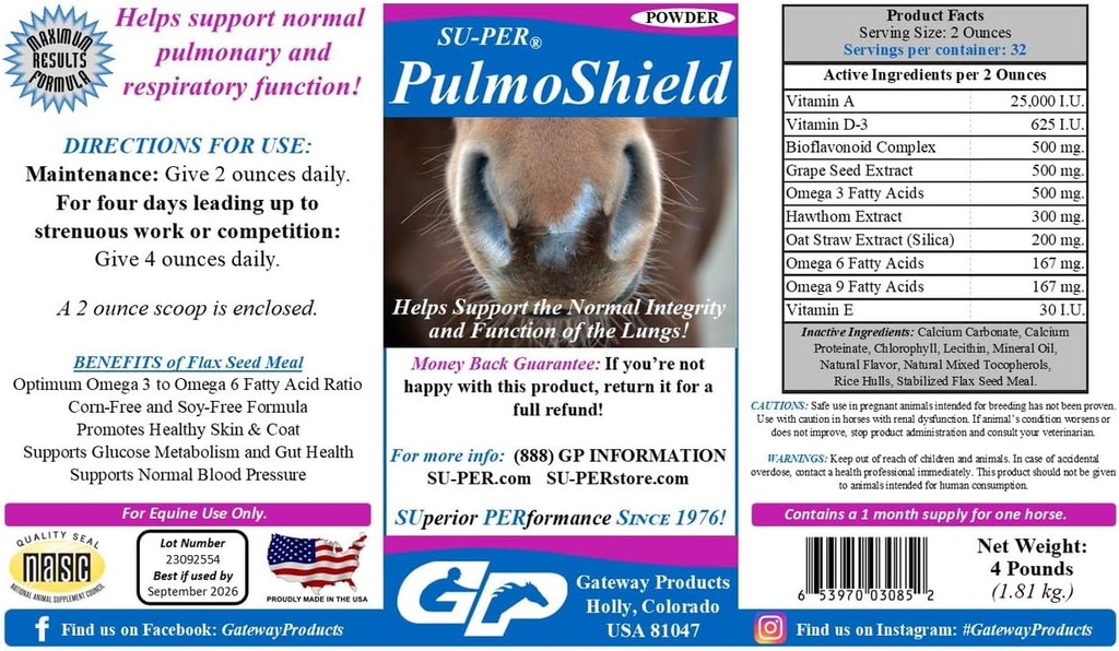 SU-PER PulmoShield Horse Respiratory Supplement - Ondersteunt gezonde longfunctie bij paarden - Normale long- en ademhalingsondersteuning - Paardenvitaminen en mineralen - 4 pond, (2 verpakkingen)