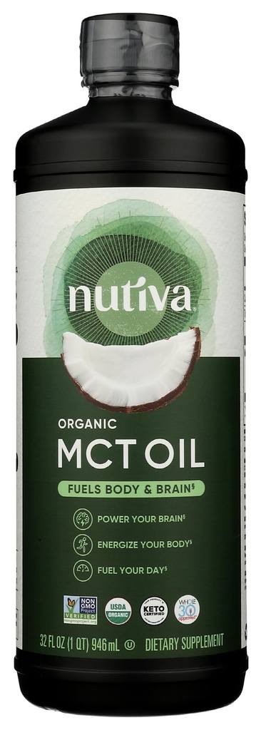 Nutiva Biologische MCT Olie, ongearomatiseerd, 32 Oz, USDA Organic, Non-GMO, Non-BPA, Whole 30 Goedgekeurd, Veganistisch, Glutenvrij & Keto, 14g MCT per Serving & Neutral Flavor for Energy Boost to Coffee, Shakes and Salads