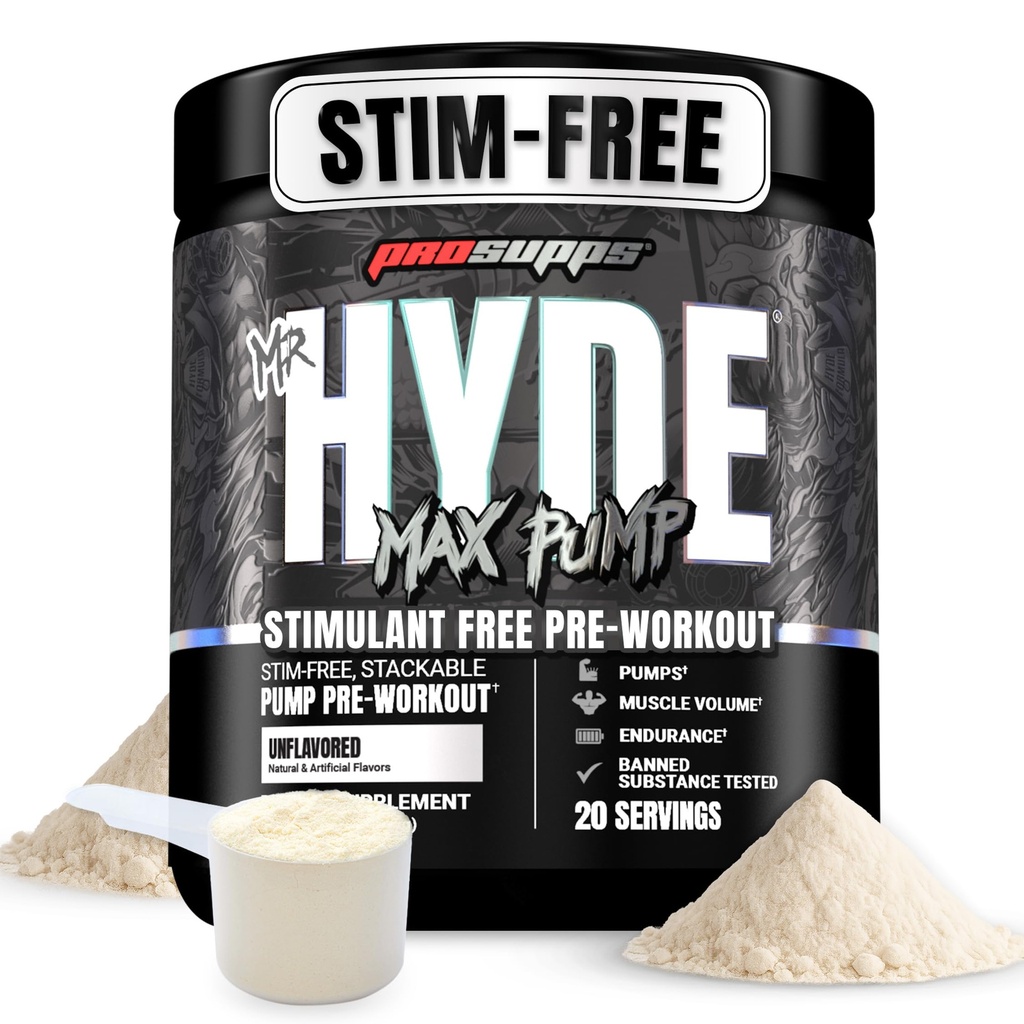 PROSUPPS M. Hyde Max Pump Pre Workout Powder - Stim-Free Preworkout supporte le débit sanguin, le volume musculaire et l'endurance - sans caféine oxydé ni suppléments de fitness (non aromatisés, 20 portions)