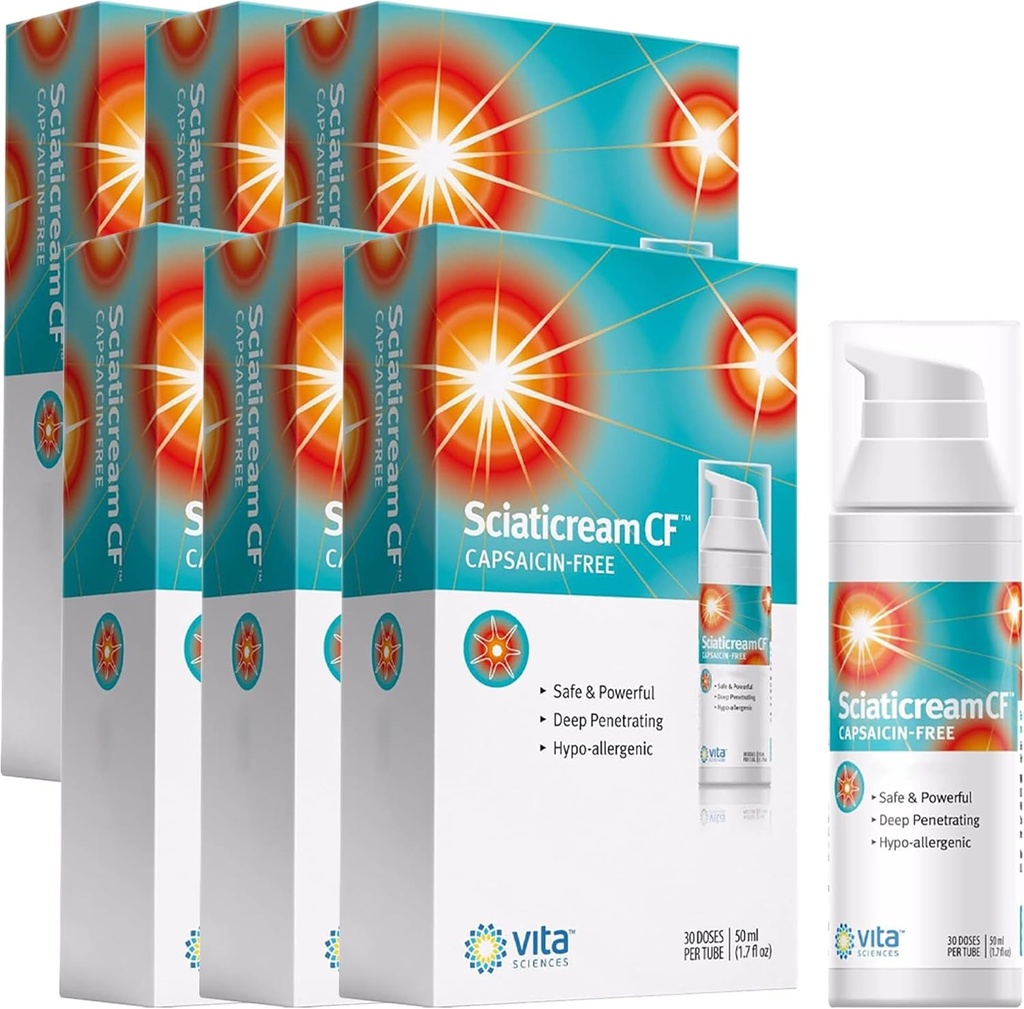 Vita Sciences Scaticream CF: Rapid Soothing Cream for Sciatic Nerve met Arnica, B1, B5, B6, MSM, Aloë en Coconut Oil Base. Capsaicin-FREE. Fast Acting Soothing Formula - Verpakking van 6 stuks