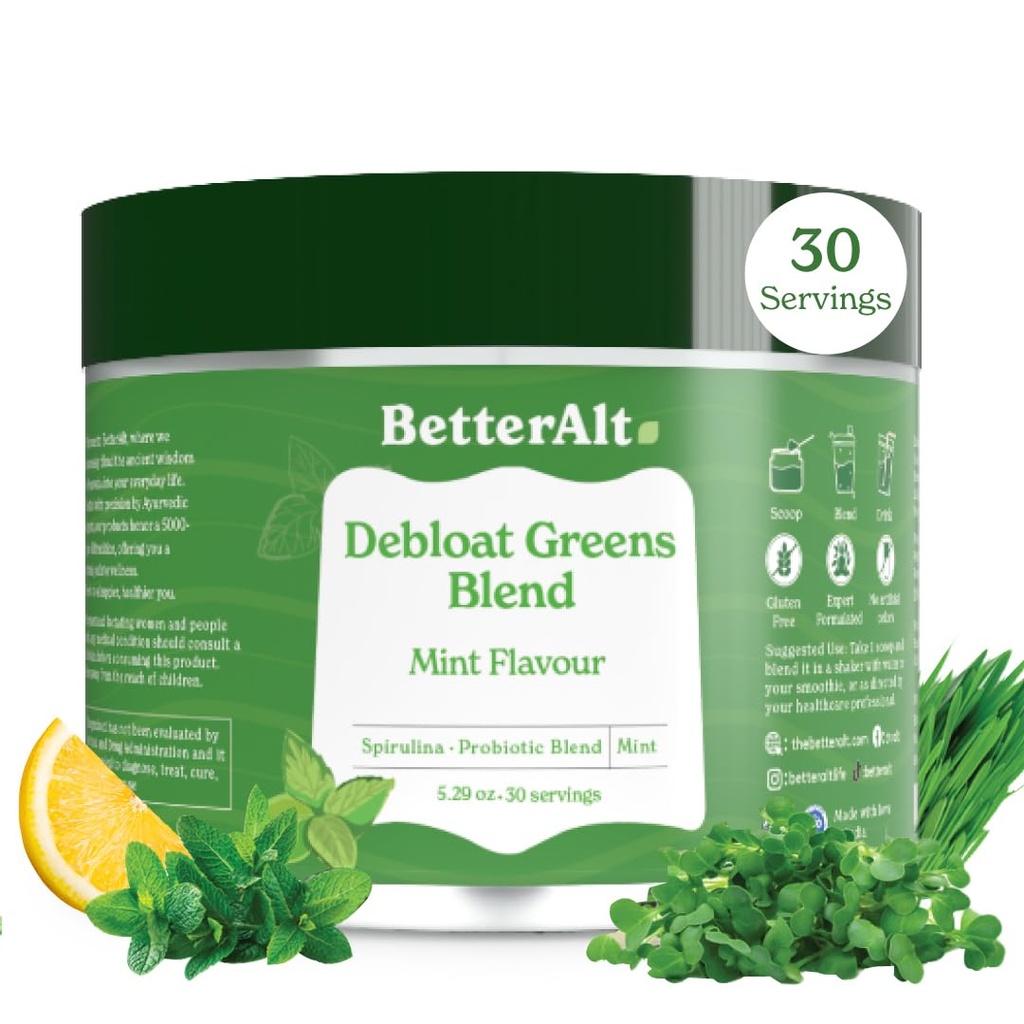 Beter Alt Greens Poeder, Detox & Debloat met 15 Super Greens Blend van Spirulina, Moringa Poeder, Tarwegras, Pre & Probiotica, Verpakt met anti-oxidanten, Mint smaak, Geen Maltodextrine, 30 Servers