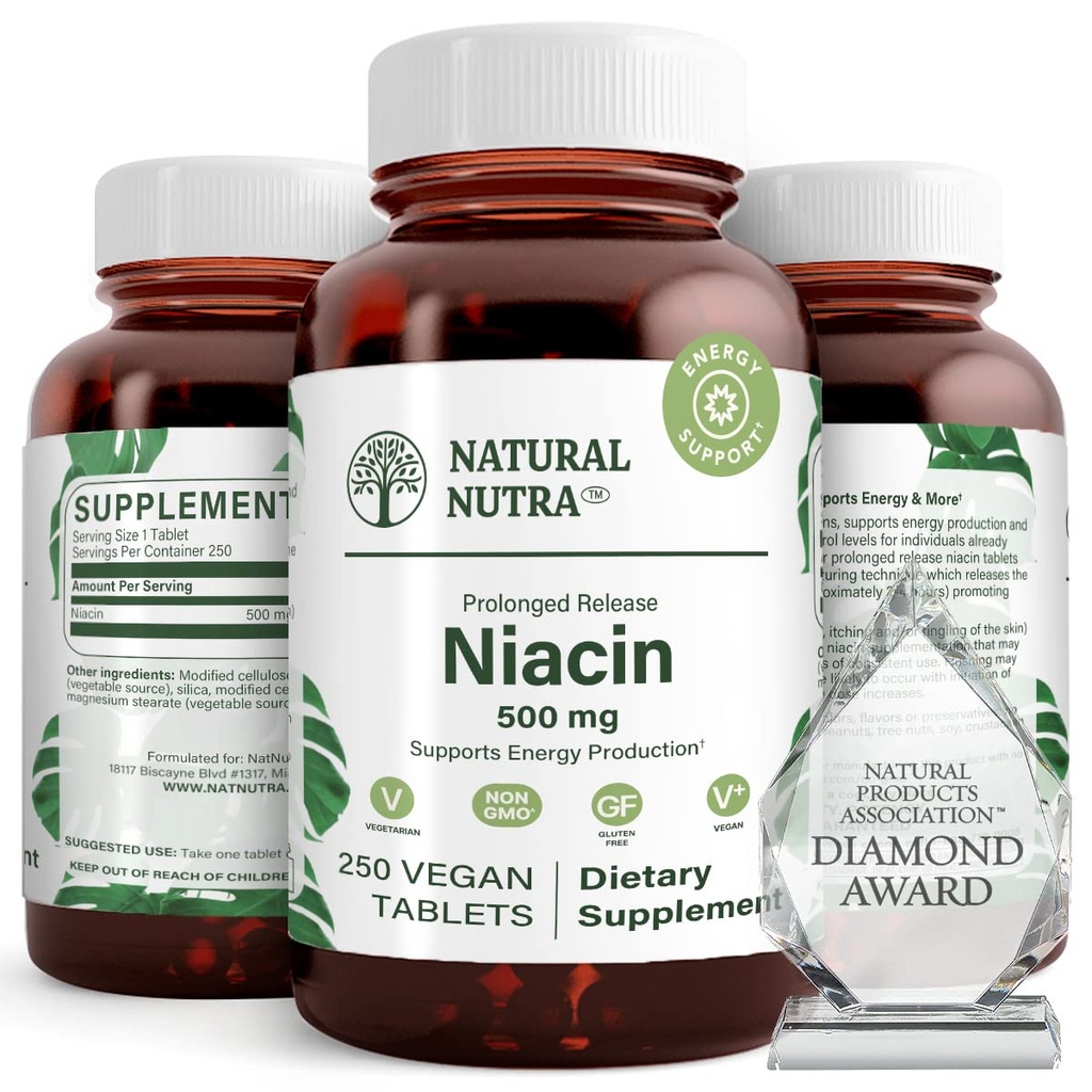Niacin 500mg (Vitamine B3), soutien au cholestérol sain, promotion de la santé cardiovasculaire, promotion des cellules cutanées et amélioration de la fonction cognitive, 250 comprimés végétaliens