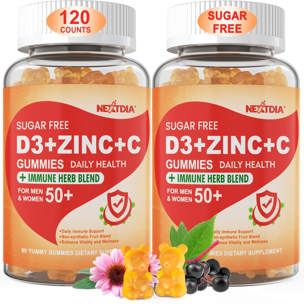 Vitamine C sans sucre + D3 + Gommies de zinc pour adultes 50 +, 9 en 1 Supplément de défense immunitaire avec D3 5000IU, Elderberry, Echinacea, Mullein Leaf pour l'immunité boost, Antioxydant puissant, végétalien (paquet de 2)