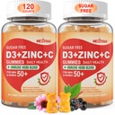 Suikervrije vitamine C + D3 + Zink Gummies voor volwassenen 50 +, 9 in 1 Immune Defense Supplement met D3 5000IU, Vlierbes, Echinacea, Mullein Leaf voor Boost Immunity, Power Antioxidant, Vegan (pakket van 2)
