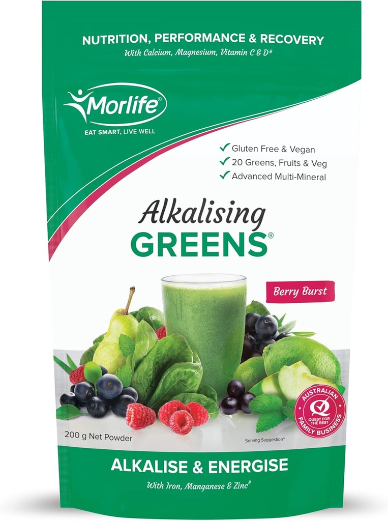 Morlife Alkalysing Greens Powder Supplement, Berry Burst, 20 Super Greens, Fruit en Groenten, Pre & Probiotica, Key Alkaliszing Minerals, Vegetarische Superfood Formula, 7 oz, 20 Servings