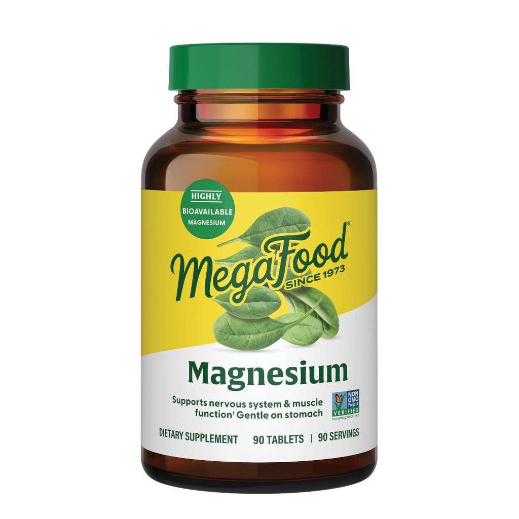 Magnésium MegaFood - Soutiens coeur et système nerveux - Supplément Magnésium avec glycinate de magnésium fermenté - Vegan, sans gluten, non-OGM et Kosher - Fabriqué sans 9 allergènes alimentaires - 90 onglets