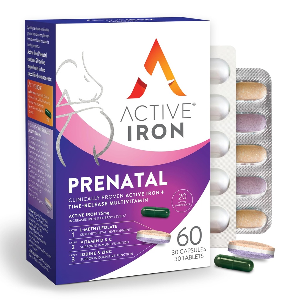 Actieve ijzerprenatale, ijzersupplement + prenatale vitamines voor vrouwen, 30 niet-constipatiecapsules + 30 time-release multivitaminen, zwangerschap, borstvoeding en postpartum Essentials